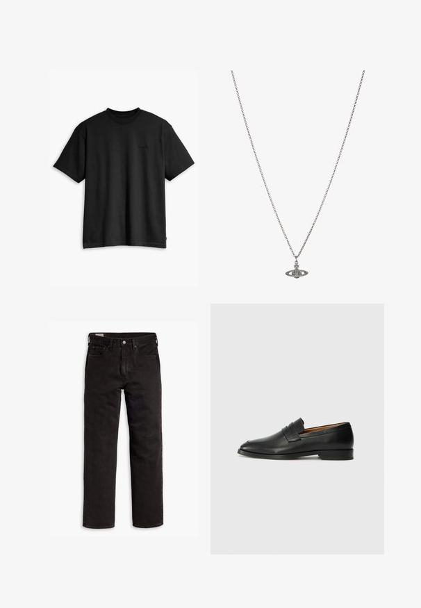 Musta puuvillapaita, jossa on pyöreä kaula-aukko ja lyhyet hihat. Edessä on huomaamaton logo ja suora helma. Yksinkertainen ja minimalistinen muotoilu.; Mustat suorat farkut, joissa on viisi taskua, nappisulku ja vyölenkit, aseteltuna tasaisesti valkoista taustaa vasten.; Musta nahkainen loafer, jossa on pyöreä kärki, hienovarainen ommelkoristelu ja matala korko, joka on varustettu sileällä pinnalla ja minimalistisella designilla.; Hopeaketju, jossa on yksityiskohtainen riipus planeetan muodossa, koristeltuna pienillä yksityiskohdilla ja monimutkaisilla kuvioilla.