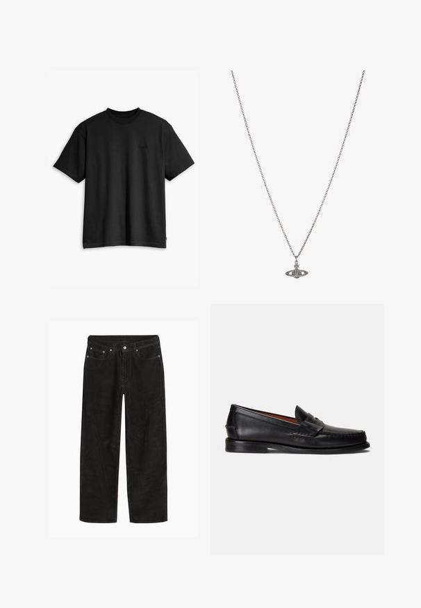 Must must-hallide t-särk, millel on ümmargune kaelus ja lühikesed varrukad. Esiküljel on tagasihoidlik logo ja sirge alläär. Lihtne ja minimalistlik kujundus.; Mustad pärlmutrist kangast püksid sirgete jalgadega, nööbi ja tõmbluku sulgemisega ning viie taskuga disain.; Mustad nahast mokassiinid siledapinnalise, ümara varba ja dekoratiivse paelaga pealpool. Omavad madalat musta tallaga.; Hõbedane kettkaelakee, millel on detailselt kujundatud pendel, mis on planeedi kuju, kaunistatud väikeste aktsentide ja keerukate mustritega.