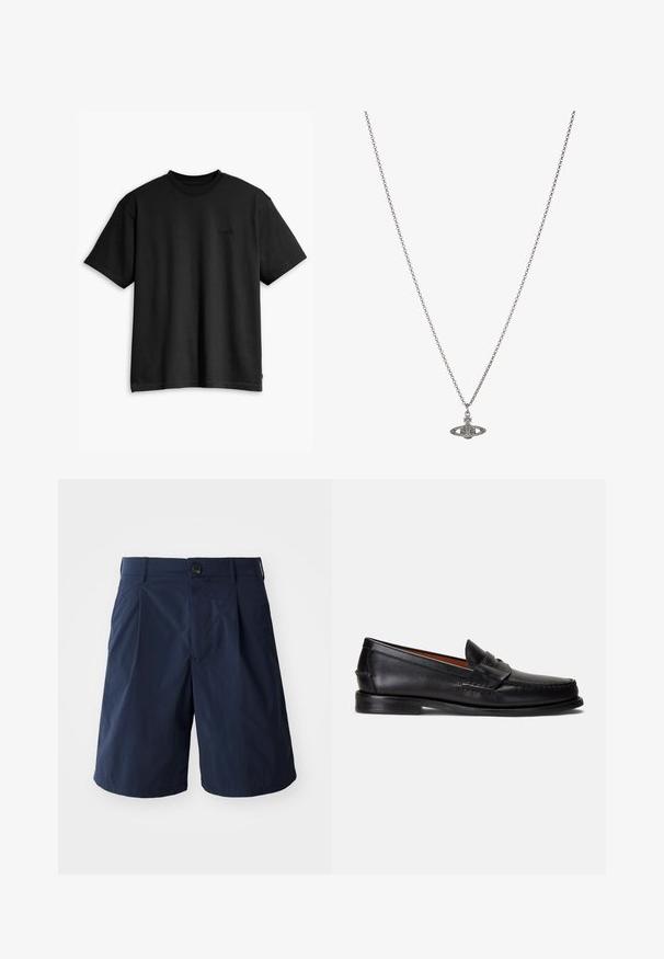 Zwarte katoenen t-shirt met een ronde hals en korte mouwen. Heeft een subtiel logo aan de voorkant en een rechte zoom. Eenvoudig en minimalistisch ontwerp.; Donkerblauwe shorts van lichtgewicht stof, met een knoopsluiting, zijzakken en een eenvoudig ontwerp met plooien aan de voorkant.; Zwarte leren loafers met een gladde afwerking, een afgeronde neus en een decoratief bandje over de wreef. Voorzien van een lage zwarte zool.; Zilveren ketting met een gedetailleerde hanger in de vorm van een planeet, versierd met kleine accenten en verfijnde patronen.