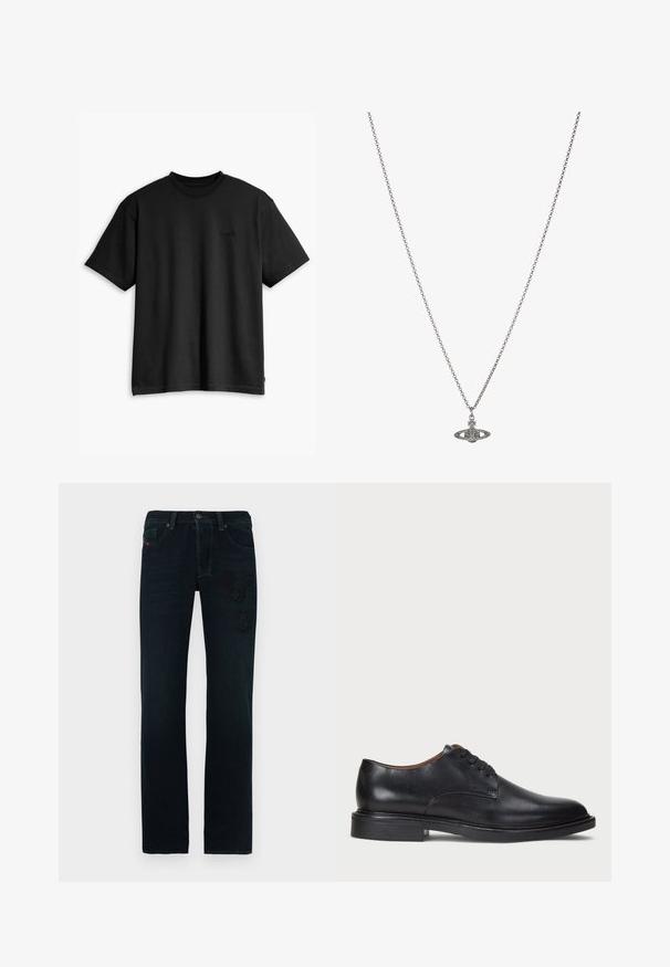 Svart bomullströja med rund hals och korta ärmar. Har en diskret logotyp fram och en rak nederkant. Enkelt och minimalistiskt design.; Mörka denimjeans med rak ben design, med tonala broderade patchar och en klassisk linning med fem fickor.; Svart läderklänningsko med rund tå, snörning och låg staplad klack. Slät yta med minimala sömdetaljer.; Silverkedja med hängsmycke i form av en planet, prydd med små detaljer och intrikata mönster.