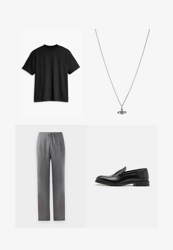 Juodas medvilnės marškinėliai su apvaliu kaklu ir trumpomis rankovėmis. Su subtiliu priekyje esančiu logotipu ir tiesia apatine dalimi. Paprastas ir minimalistiškas dizainas.; Pilki pritaikyti kelnes su raištelių juosmeniu, klostėmis ir tiesiomis kojomis. Medžiagos tekstūra yra lygi, su subtiliu raštuotu paviršiumi.; Juodos odinės loafers, turinčios lygų paviršių, apvalią noselę ir dekoratyvinę juostą per priekinę dalį. Žemas krentantis kulnas, minimalistinis dizainas.; Sidabrinė grandinėlė su detaliu pakabuku planetos forma, papuošta mažomis detalėmis ir sudėtingais raštais.