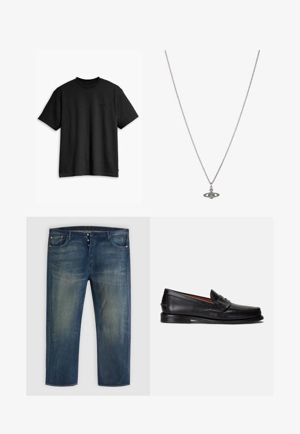 Zwarte katoenen t-shirt met een ronde hals en korte mouwen. Heeft een subtiel logo aan de voorkant en een rechte zoom. Eenvoudig en minimalistisch ontwerp.; Blauwe denim jeans met knopenfly, klassiek vijf-pocket ontwerp en vervaagde details op de dijen en knieën.; Zwarte leren loafers met een gladde afwerking, een afgeronde neus en een decoratief bandje over de wreef. Voorzien van een lage zwarte zool.; Zilveren ketting met een gedetailleerde hanger in de vorm van een planeet, versierd met kleine accenten en verfijnde patronen.