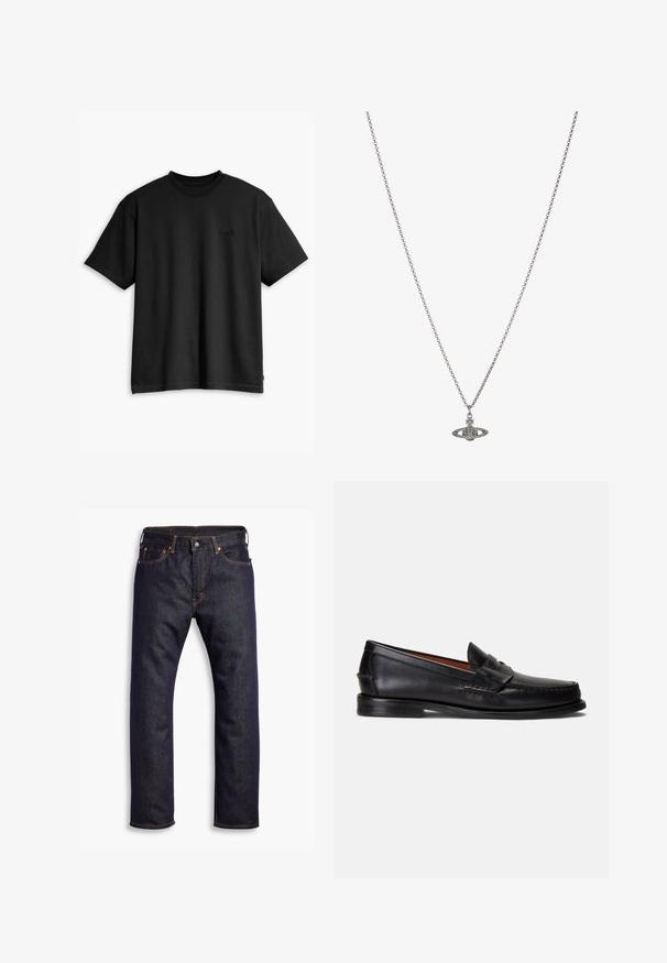 Black cotton t-shirt with a crew neck and short sleeves. Features a subtle front logo and a straight hemline. Simple and minimalistic design.; Dark blue straight-leg denim jeans with five pockets and orange contrast stitching, laid flat against white background.; Black leather loafers with a smooth finish, rounded toe, and a decorative band across the upper. Features a low black sole.; Silver chain necklace featuring a detailed pendant in the shape of a planet, adorned with small accents and intricate patterns.