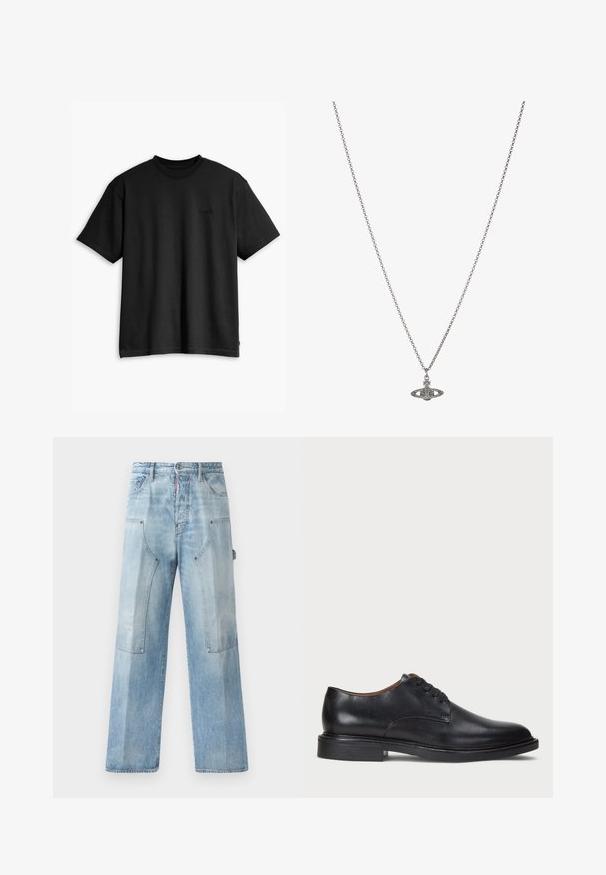 Čierne bavlnené tričko s okrúhlym výstrihom a krátkymi rukávmi. Obsahuje decentné logo na prednej strane a rovný lem. Jednoduchý a minimalistický dizajn.; Svetlo modré denimové nohavice so širokými nohavicami a vyblednutou textúrou, predné vrecká a charakteristické švy, s uvoľneným strihom a minimálnym kovovým zapínaním.; Čierne kožené spoločenské topánky s okrúhlym špičkou, šnurovacím dizajnom a nízkym zloženým podpätkom. Hladký povrch s minimálnymi švovými detailmi.; Strieborný retiazkový náhrdelník s detailným príveskom v tvare planéty, zdobený malými akcentmi a zložitými vzormi.
