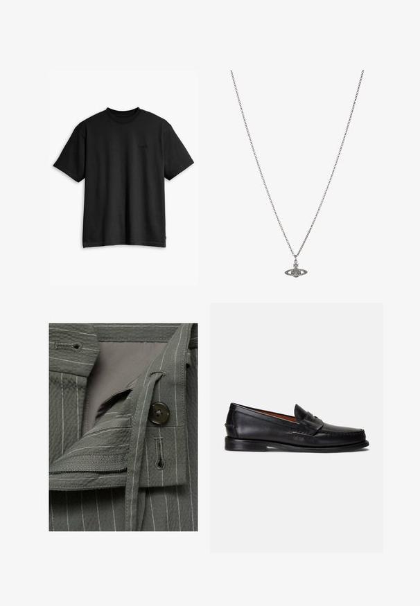 Black cotton t-shirt with a crew neck and short sleeves. Features a subtle front logo and a straight hemline. Simple and minimalistic design.; Gray fabric with vertical white stripes, featuring a button closure and a zippered pocket. Smooth texture with layered design elements.; Black leather loafers with a smooth finish, rounded toe, and a decorative band across the upper. Features a low black sole.; Silver chain necklace featuring a detailed pendant in the shape of a planet, adorned with small accents and intricate patterns.