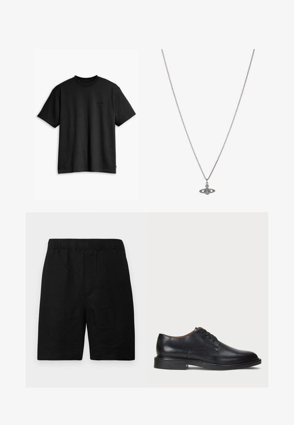 Camiseta de algodón negra con cuello redondo y mangas cortas. Presenta un sutil logotipo en la parte delantera y un dobladillo recto. Diseño simple y minimalista.; Pantalones cortos negros con cintura elástica, confeccionados en una tela texturizada, con corte recto y sin bolsillos visibles ni detalles adicionales.; Zapato de vestir de cuero negro con punta redonda, diseño con cordones y un tacón bajo apilado. Textura lisa con detalles de costura mínimos.; Collar de cadena de plata que presenta un colgante detallado en forma de planeta, adornado con pequeños acentos y patrones intrincados.