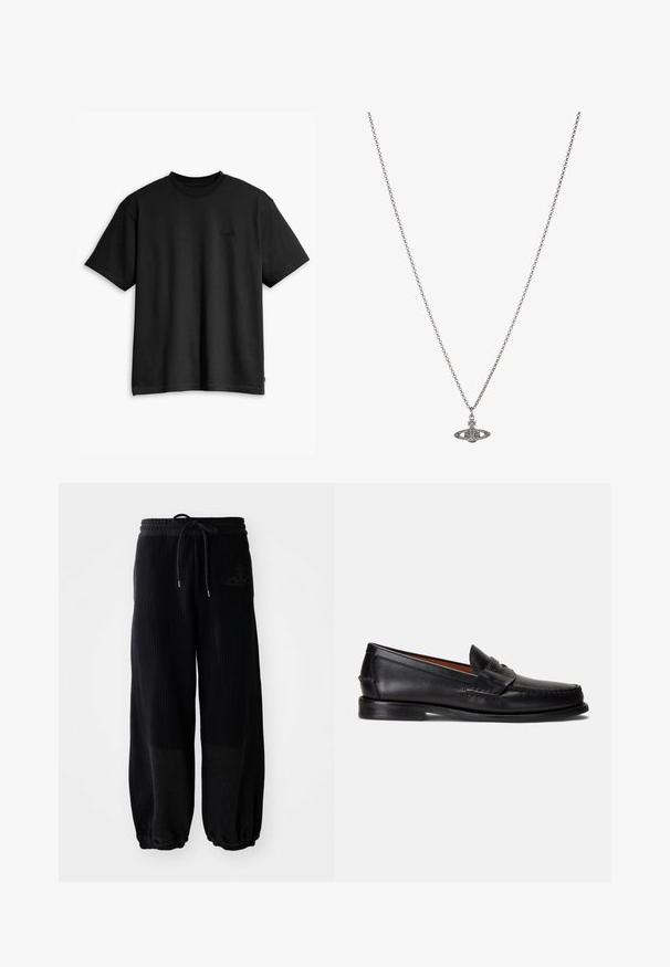 Svart bomullströja med rund hals och korta ärmar. Har en diskret logotyp fram och en rak nederkant. Enkelt och minimalistiskt design.; Svarta ribbade vida byxor i sweatpants-stil med elastiskt midjeband och dragsko. Har en diskret logotyp, texturerad tyg och samlade ärmslut.; Svarta läderloafers med en slät yta, rundad tå och ett dekorativt band över vristen. Har en låg svart sula.; Silverkedja med hängsmycke i form av en planet, prydd med små detaljer och intrikata mönster.