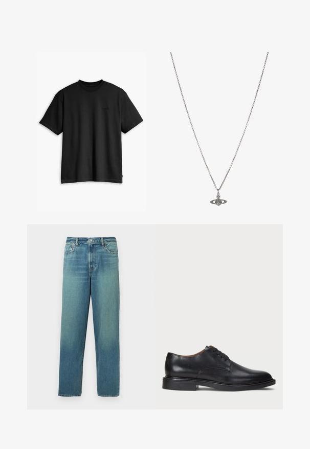 Črna bombažna majica s kratkimi rokavi in krožnim izrezom. Ima diskreten logo na sprednji strani in raven rob. Preprost in minimalističen dizajn.; Džins hlače, svetlo modre barve z bledečim učinkom, ravne nogavice, standardna zasnova petih žepov, z medeninastim gumbom in zadrgo.; Črne usnjene oblečne čevlje s krožno konico, zavezovanje z vezalkami in nizko plastiko. Gladka tekstura z minimalnimi šivi.; Srebrna verižica z obeskom v obliki planeta, okrašena z majhnimi detajli in zapletenimi vzorci.