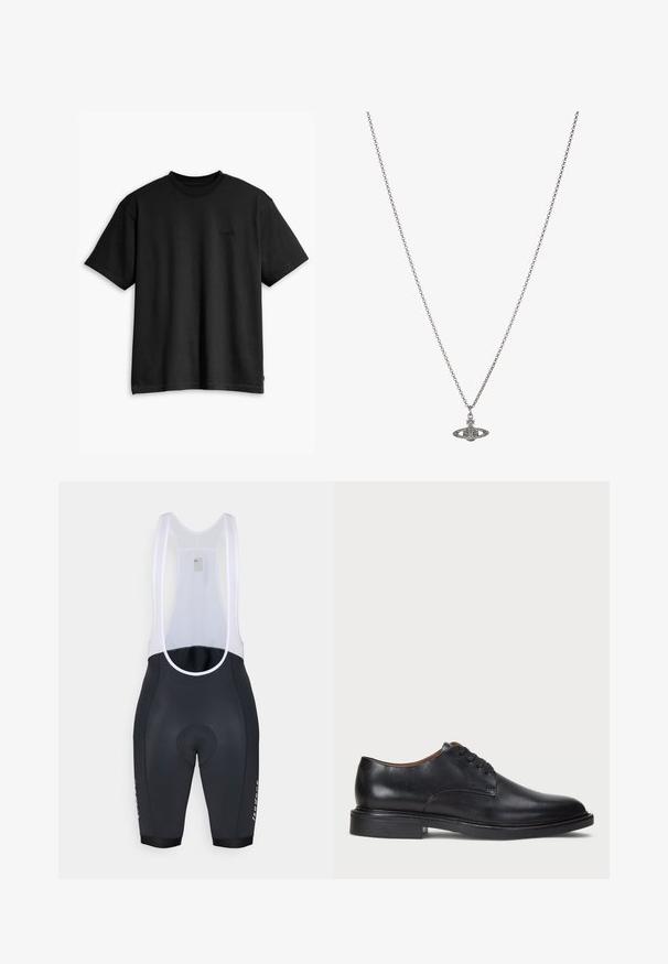 T-shirt en coton noir avec col rond et manches courtes. Doté d'un logo discret à l'avant et d'un ourlet droit. Design simple et minimaliste.; Bib shorts de cyclisme noirs avec des bretelles en mesh blanches, zone de siège rembourrée et un logo sur la jambe. Matériau lisse avec une coupe ajustée.; Chaussure de ville en cuir noir avec un bout rond, un laçage et un petit talon empilé. Texture lisse avec des détails de couture minimaux.; Collier en chaîne en argent présentant un pendentif détaillé en forme de planète, orné de petites accents et de motifs complexes.
