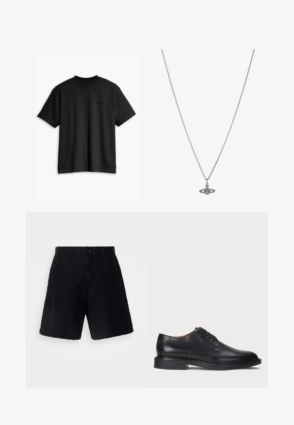 T-shirt en coton noir avec col rond et manches courtes. Doté d'un logo discret à l'avant et d'un ourlet droit. Design simple et minimaliste.; Shorts noirs en tissu léger avec une coupe décontractée, dotés d'une fermeture à bouton, de passants de ceinture et de poches latérales.; Chaussure de ville en cuir noir avec un bout rond, un laçage et un petit talon empilé. Texture lisse avec des détails de couture minimaux.; Collier en chaîne en argent présentant un pendentif détaillé en forme de planète, orné de petites accents et de motifs complexes.
