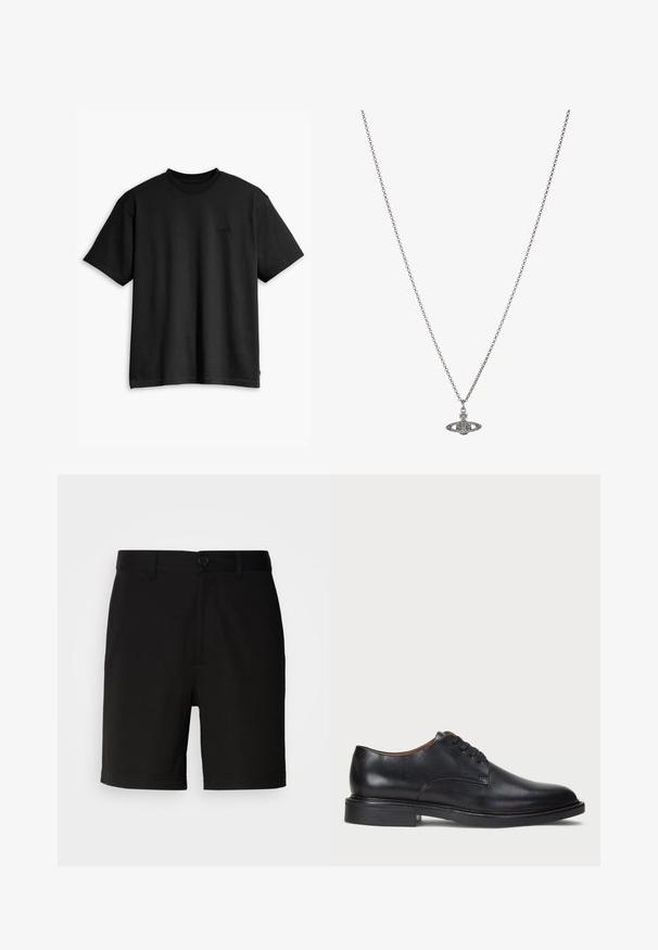 Sort bomulds T-shirt med runde halsudskæring og korte ærmer. Har et diskret frontlogo og en lige kant. Enkel og minimalistisk design.; Sorte shorts lavet af glat stof, med en enkelt knaplukning og bæltestropper, lige benåbninger og uden synlige mønstre.; Sorte læder dress sko med rund tå, snørelukning og en lav stablet hæl. Glat tekstur med minimale syningsdetaljer.; Sølv kæde med en detaljeret vedhæng i form af en planet, prydet med små accenter og intrikate mønstre.
