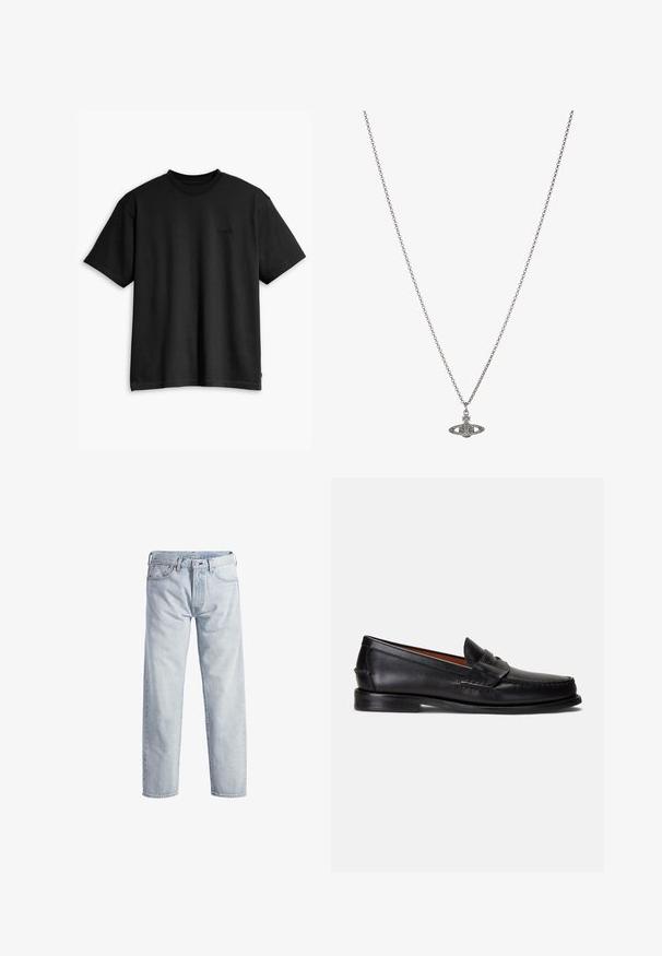 Fekete pamut póló kerek nyakkal és rövid ujjakkal. Diszkrét elülső logóval és egyenes szegéllyel rendelkezik. Egyszerű és minimalista dizájn.; Világoskék farmernadrág egyenes lábbal, gombos záródással, öt zsebbel és diszkrét kopott hatással. Fém díszekkel van kiegészítve.; Fekete bőrből készült mokaszinok sima felülettel, lekerekített orral és díszítő szalaggal a felsőrészén. Alacsony fekete talppal rendelkeznek.; Ezüst lánc nyaklánc, részletes, bolygó formájú medállal, kicsi díszítőelemekkel és összetett mintákkal díszítve.