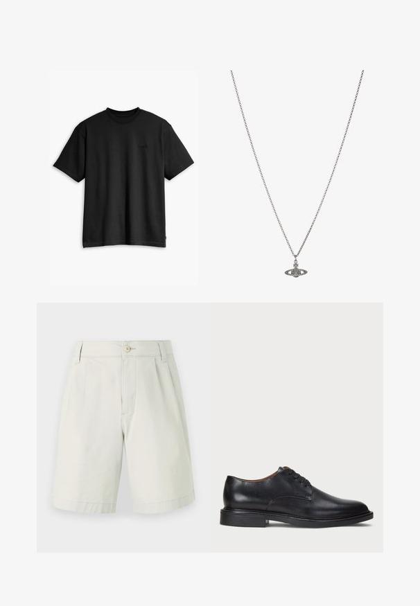 Sort bomulds T-shirt med runde halsudskæring og korte ærmer. Har et diskret frontlogo og en lige kant. Enkel og minimalistisk design.; Lys grå bomulds shorts med flad front, knaplukning, to sidelommer og lige ben design. Glat tekstur, knælang.; Sorte læder dress sko med rund tå, snørelukning og en lav stablet hæl. Glat tekstur med minimale syningsdetaljer.; Sølv kæde med en detaljeret vedhæng i form af en planet, prydet med små accenter og intrikate mønstre.