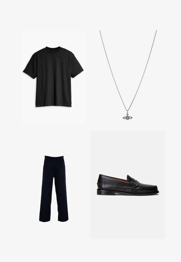 Musta puuvillapaita, jossa on pyöreä kaula-aukko ja lyhyet hihat. Edessä on huomaamaton logo ja suora helma. Yksinkertainen ja minimalistinen muotoilu.; Tummansiniset housut suoralinjaisella muotoilulla, jotka on valmistettu sileästä kankaasta. Housuissa on sivutaskut ja klassinen vyötärönauha.; Musta nahkainen loafer, jossa on sileä pinta, pyöristetty kärki ja koristeellinen nauha päälliosassa. Varustettu matalalla mustalla pohjalla.; Hopeaketju, jossa on yksityiskohtainen riipus planeetan muodossa, koristeltuna pienillä yksityiskohdilla ja monimutkaisilla kuvioilla.