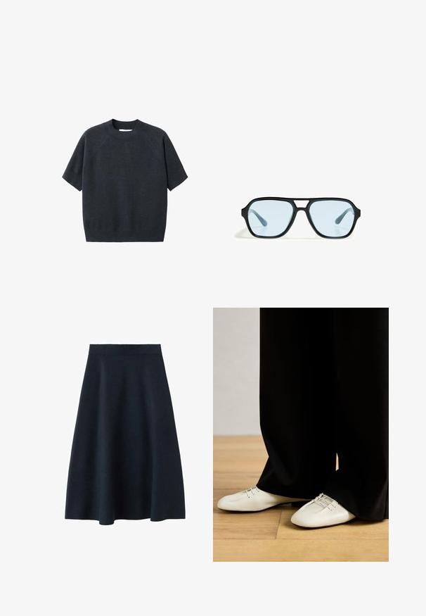 Maglione a maniche corte grigio scuro a maglia con colletto tondo, caratterizzato da una vestibilità morbida e maniche raglan, realizzato in un tessuto soffice e texturizzato.; Una gonna midi di un blu navy scuro realizzata in tessuto morbido, con una vita aderente e una forma svasata, senza motivi o decorazioni visibili.; Scarpe in pelle beige con punta arrotondata e lacci decorativi, abbinate a pantaloni neri larghi, su un pavimento in legno.; Occhiali da sole neri con montatura rettangolare, lenti blu e un design del ponte distintivo. Finitura elegante, texture sobria.; Borsa in pelle texturizzata taupe con manico superiore, tracolla regolabile e dettaglio a nodo decorativo su uno sfondo bianco pulito.