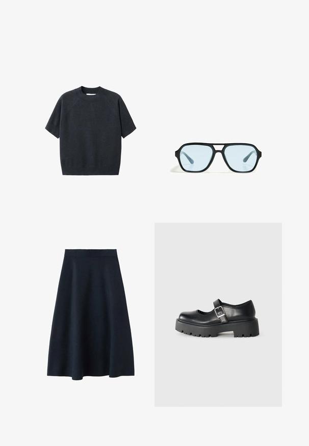 Dunkelgrauer, kurzärmeliger Strickpullover mit Rundhalsausschnitt, der eine lockere Passform und Raglanärmel hat, aus einem weichen, strukturierten Stoff gefertigt.; Ein dunkelblaues Midi-Rock aus glattem Stoff, mit einem taillierten Bund und einer ausgestellten Form, ohne sichtbare Muster oder Verzierungen.; ALDO ARIGON - Slipper - black; Schwarze Sonnenbrille mit rechteckigen Fassungen, blaufarbenen Gläsern und einem markanten Brückendesign. Schlanke Oberfläche, dezente Textur.; Taupe strukturiertes Lederhandtasche mit oberem Griff, verstellbarem Schulterriemen und dekorativem Knoten-Detail auf einem sauberen weißen Hintergrund.