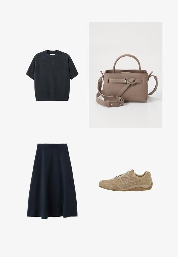 Dark gray short-sleeve knit sweater with a crew neck, featuring a loose fit and raglan sleeves, made from a soft, textured fabric.; A dark navy midi skirt made from smooth fabric, featuring a fitted waistband and a flared shape, with no visible patterns or embellishments.; Beige suede sneaker with a low profile, textured surface, and white laces. Features a curved design and a rubber sole for grip.; Taupe textured leather handbag with top handle, adjustable shoulder strap, and decorative knot detail on a clean white background.