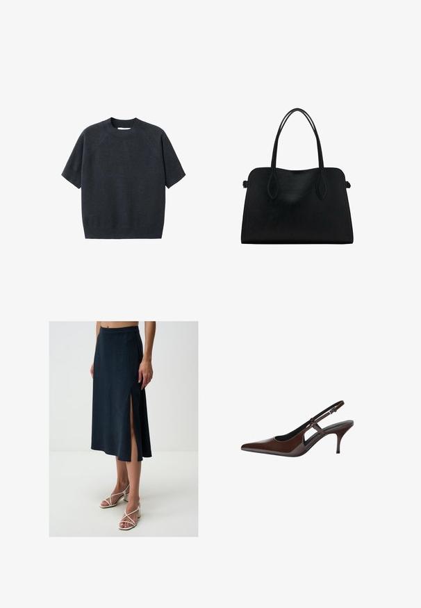 Ciemnoszara, krótkoskrzydła dzianinowa bluzka z okrągłym dekoltem, w luźnym fasonie i raglanowymi rękawami, wykonana z miękkiej, teksturowanej tkaniny.; Jimmy Key - Spódnica trapezowa; Brązowe lakierowane sandały na słupku z ostrym noskiem, otwartymi wycięciami i cienkim obcasem. Posiadają regulowany pasek z klamrą.; Czarna skórzana torba na ramię z podwójnymi paskami, prostokątny kształt i minimalistyczny design na białym tle.