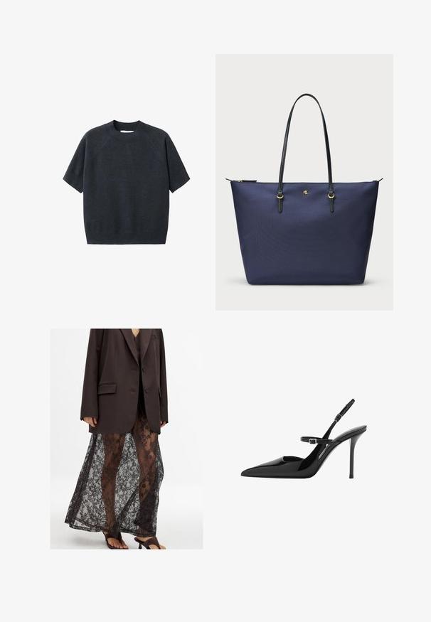 Dark gray short-sleeve knit sweater with a crew neck, featuring a loose fit and raglan sleeves, made from a soft, textured fabric.; Oversized brown blazer over a sheer black lace skirt with floral patterns, pairing with black heeled sandals.; Black patent leather slingback high heels with a pointed toe, adjustable strap, and stiletto heel. Smooth surface with shiny finish.; Navy blue tote bag made of textured fabric, featuring black leather handles and gold hardware accents. Zipper closure at the top.