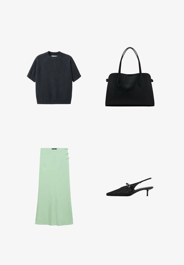 Dunkelgrauer, kurzärmeliger Strickpullover mit Rundhalsausschnitt, der eine lockere Passform und Raglanärmel hat, aus einem weichen, strukturierten Stoff gefertigt.; Hellgrüner Maxikleid aus glattem Stoff. Hat einen geraden Schnitt und drei dekorative Knöpfe auf der linken Seite.; Schwarze Slingback-Absätze mit spitzen Zehen, strukturiertem Mesh-Obermaterial, schmalem verstellbarem Riemen mit silberner Schnalle und 5 cm Stiletto-Absätzen.; Schwarze Lederhandtasche mit zwei Schulterriemen, rechteckiger Form und minimalistischem Design auf weißem Hintergrund.; Goldfarbene Creolen mit polierter Oberfläche, ausgestattet mit einem geriffelten Design und einem Steckverschluss. Runde, klobige Form.