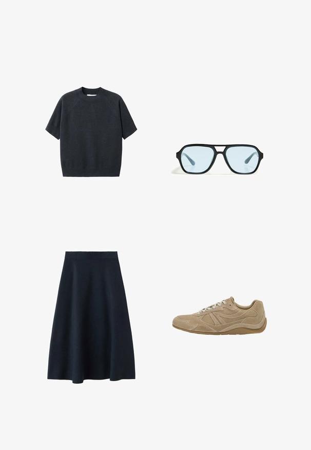 Mørkegrå kortærmet striktrøje med rund hals, fremhævet af en løs pasform og raglanærmer, lavet af et blødt, tekstureret stof.; En mørk navy midi-nederdel lavet af glat stof, med en tætsiddende talje og en svinget form, uden synlige mønstre eller udsmykninger.; Beige ruskinds sneaker med lav profil, tekstureret overflade og hvide snørebånd. Har et buet design og en gummisål for godt greb.; Sorte solbriller med rektangulære rammer, blåtonede linser og et karakteristisk brodesign. Slank finish, afdæmpet tekstur.; Taupe tekstureret læderhåndtaske med tophåndtag, justerbar skulderrem og dekorativ knude detalje på en ren hvid baggrund.
