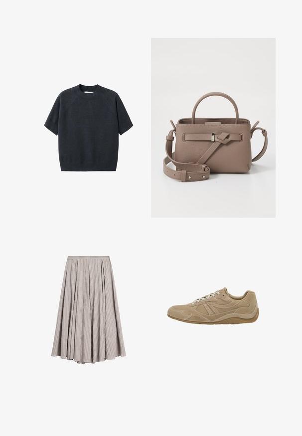 Pull tricot coupe courte gris foncé à manches courtes avec col rond, présentant une coupe ample et des manches raglan, fabriqué à partir d'un tissu doux et texturé.; Jupe midi gris clair en tissu texturé avec des plis verticaux, dotée d'une taille ajustée et d'une forme évasée.; Baskets en suède beige avec un profil bas, une surface texturée et des lacets blancs. Présente un design courbé et une semelle en caoutchouc pour une meilleure adhérence.; Sac à main en cuir texturé taupe avec une poignée supérieure, une bandoulière réglable et un détail de nœud décoratif sur un fond blanc pur.