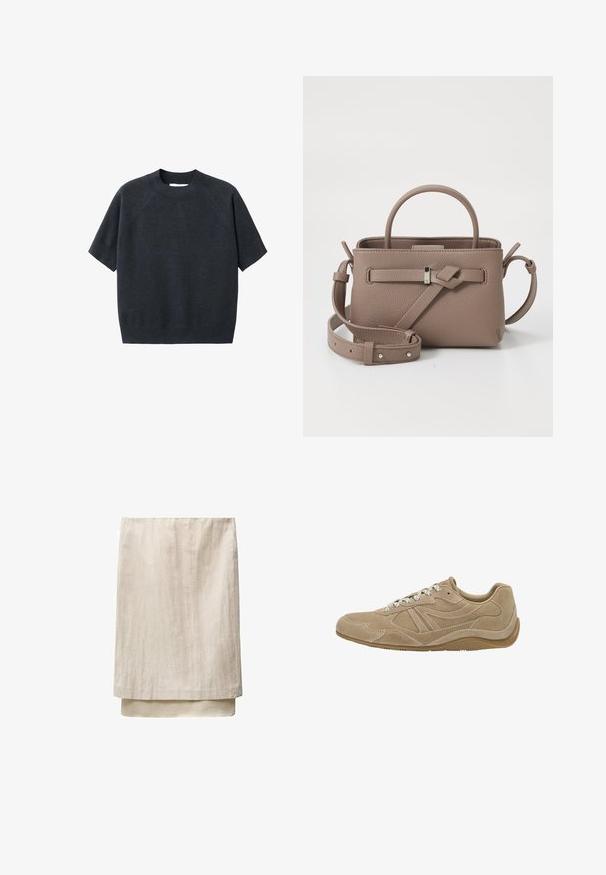 Temno siva kratka pletena majica s kratkimi rokavi in krožnim izrezom, z ohlapnim fitom in raglan rokavi, izdelana iz mehkega, teksturiranega blaga.; Bež krilo iz lana s ravnim krojem, ki ima plasten obliko na robu za dodatno dimenzijo in teksturo. Gladek, lahek material.; Bež semiš športni copat z nizkim profilom, teksturirano površino in belimi vezalkami. Ima ukrivljen dizajn in gumijast podplat za oprijem.; Taupe usnjena torba z teksturo, z zgornjim ročajem, nastavljivim ramenim trakom in dekorativnim vozlom na čisti beli podlagi.