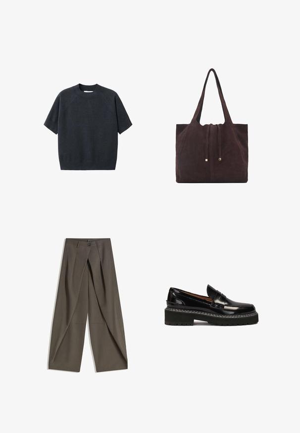 Ciemnoszara, krótkoskrzydła dzianinowa bluzka z okrągłym dekoltem, w luźnym fasonie i raglanowymi rękawami, wykonana z miękkiej, teksturowanej tkaniny.; Spodnie o szerokich nogawkach wykonane z teksturowanej, ciemnoszarej tkaniny. Posiadają fałdy z przodu, zapięcie na guzik oraz boczne kieszenie dla wygody.; Czarne lakierowane loafersy z masywną czarną gumową podeszwą, podkreślone białym przeszyciem i dekoracyjnym paskiem z przodu.; Mango - Torba na zakupy