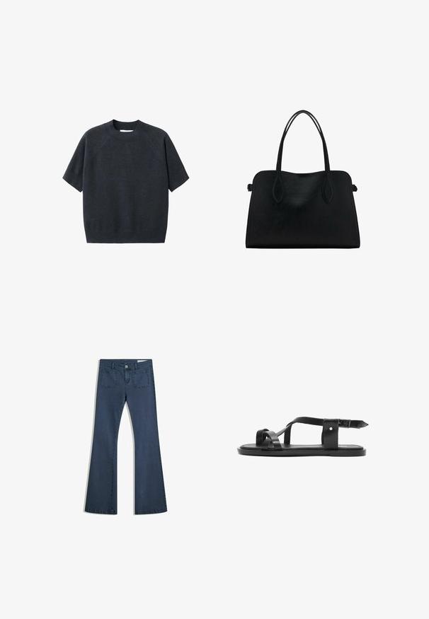 Pull tricot coupe courte gris foncé à manches courtes avec col rond, présentant une coupe ample et des manches raglan, fabriqué à partir d'un tissu doux et texturé.; Jean en denim bleu foncé évasé avec poches surpiquées, fermeture à bouton et texture lisse. Dispose d'un design classique à cinq poches.; Sandale en cuir noir avec des straps entrecroisés, design à bout ouvert et une bride de cheville réglable avec une boucle. Semelle plate et style minimaliste.; Sac à main en cuir noir avec deux anses, de forme rectangulaire et au design minimaliste sur un fond blanc.