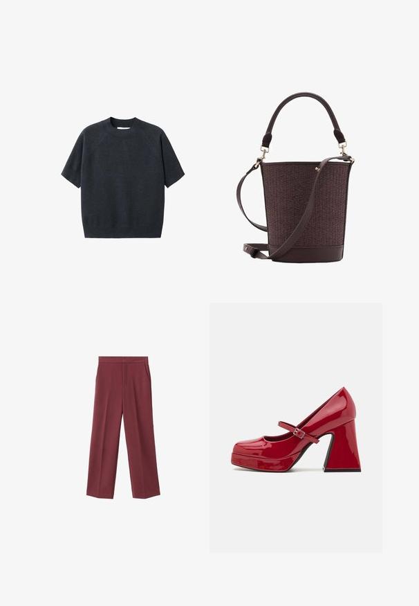 Tmavě šedý krátký rukáv pletený svetr s kruhovým výstřihem, s volným střihem a raglánovými rukávy, vyrobený z měkké texturované látky.; Bordové kalhoty s širokými nohavicemi a hladkým povrchem, s bočními kapsami a vysokým pasem. Ušity s čistým předním záhybem.; Červená lakovaná kožená vysoká obuv Mary Jane s kulatou špičkou, přední platformou, přezkou na pásku a tvarovaným blokovým podpatkem.; Hnědá pletená kabela ve tvaru kyblíku se hladkým koženým dnem, horním držadlem a nastavitelného ramenního popruhu. Obsahuje zlaté hardwarové akcenty.