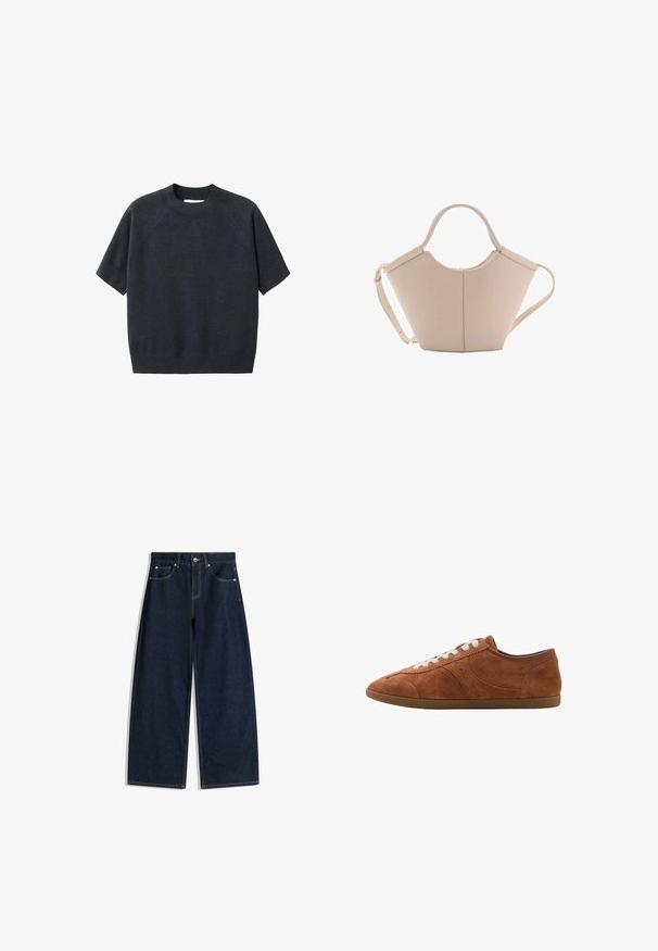 Pulover scurt, gri închis, cu mânecă scurtă și decolteu rotund, cu o croială lejeră și mâneci tip raglan, fabricat dintr-un material moale și texturat.; Blugi din denim albastru închis cu picioare largi, buzunare frontale, închidere cu nasturi și cusături vizibile pe un fundal alb.; Sneaker din suede maro cu șireturi albe, vârful rotunjit și accente texturate. Prezintă un profil scăzut și o talpă din cauciuc cu un finisaj neted.; Geantă de mână bej din piele cu o formă unică, dotată cu două mânere scurte și o curea lungă ajustabilă. Textură netedă, cu hardware minim.