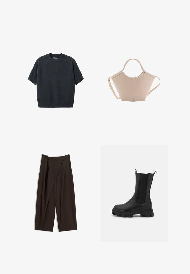 Tmavošedý krátky pletený sveter s okrúhlym výstrihom, ktorý má voľný strih a raglánové rukávy, vyrobený z mäkkej, textúrovanej látky.; Tmavohnedé široké nohavice s vysokým pásom, s jedným gombíkom a záhybmi vpredu. Vyrobené z ľahkej textílie.; Čierne Chelsea čižmy vyrobené z kože a elastického materiálu, s robustnou gumovou podrážkou s výrazným vzorom a ťahacími pútkami pre jednoduché obúvanie.; Béžová kožená kabelka s unikátnym tvarom, vybavená dvoma krátkymi uchami a jedným dlhým nastaviteľným popruhom. Hladký povrch s minimálnym kovovým príslušenstvom.