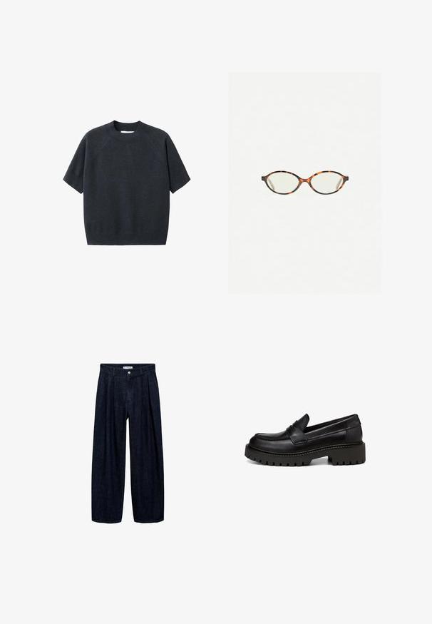 Pull tricot coupe courte gris foncé à manches courtes avec col rond, présentant une coupe ample et des manches raglan, fabriqué à partir d'un tissu doux et texturé.; Pantalons larges en denim foncé avec des plis à la taille, présentant un bouton à l'avant et des passants de ceinture. Texture lisse et design à longueur complète.; Marc O'Polo LOAFER MIT ROBUSTER PROFIL - Chaussons - black; Lunettes en écaille de tortue avec des verres ovales et une finition lisse et élégante. Présente des branches fines avec une courbure subtile au niveau des tempes. Verres transparents.; Sac fourre-tout en suede marron avec deux longues poignées, fermeture à cordon, et design minimaliste. Texture lisse et sans accents matériels visibles.