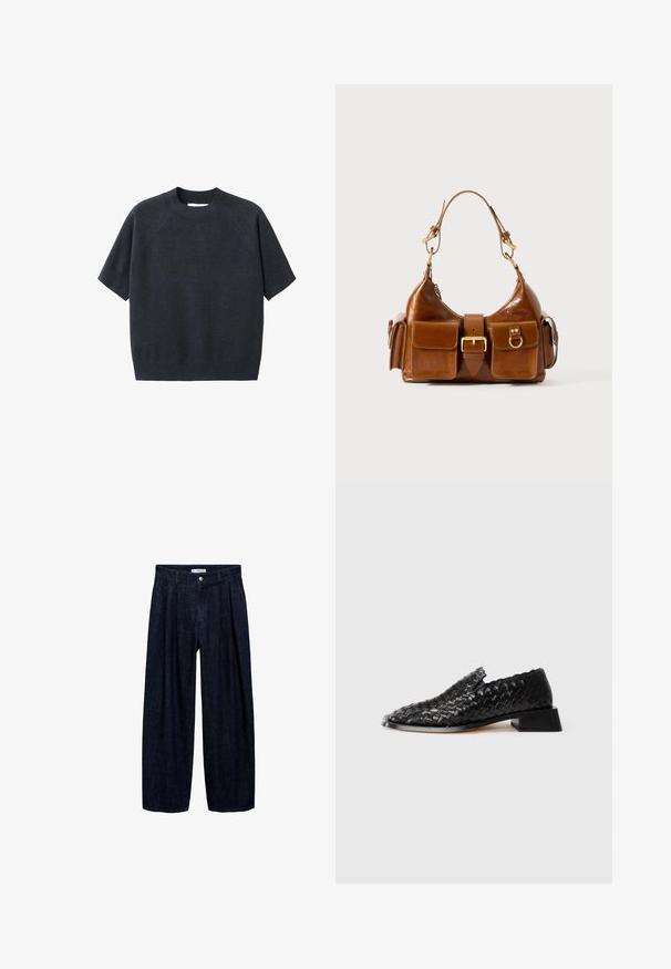 Tummanharmaa lyhythihainen neulepusero, jossa on pyöreä kaula-aukko, löysä istuvuus ja raglan-hihat, valmistettu pehmeästä, teksturoidusta kankaasta.; Tummansinisiä leveälahkeisia housuja, joissa on laskoksia vyötäröllä, etupainike ja vyön lenkit. Sujuva rakenne ja täyspitkä muotoilu.; Mustat nahkaiset kudotut liukuvarvaskengät, joissa on matala lohkare korko ja aaltoileva reuna, esillä valkoisella taustalla.; Ruskea nahkalaukku, jossa on kaareva muoto, kaksi kultaisen sävyistä metalliosaa, kaksi etutaskua ja leveä olkahihna. Silkkinen pinta ja tyylikäs viimeistely.