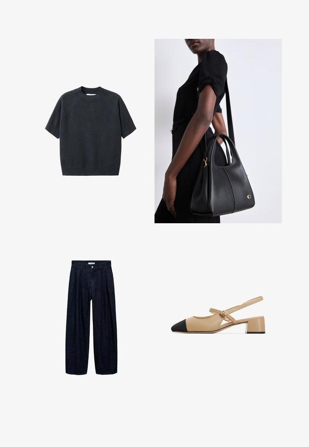 Pulover scurt, gri închis, cu mânecă scurtă și decolteu rotund, cu o croială lejeră și mâneci tip raglan, fabricat dintr-un material moale și texturat.; Pantaloni largi din denim închis, cu pliseuri la talie, având un button frontal și pasaje pentru curea. Textură netedă și design pe întreaga lungime.; Pantofi slingback din piele bej, cu vârful ascuțit negru, curea cu cataramă și toc mic, bloc, cu un accent argintiu la bază.; Geantă de umăr din piele neagră, cu o formă hobo, având o textură netedă, un vârf rotunjit și accente din metal auriu.