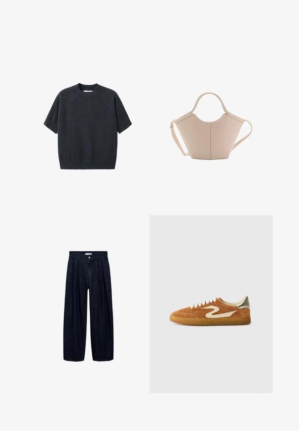 Tummanharmaa lyhythihainen neulepusero, jossa on pyöreä kaula-aukko, löysä istuvuus ja raglan-hihat, valmistettu pehmeästä, teksturoidusta kankaasta.; Tummansinisiä leveälahkeisia housuja, joissa on laskoksia vyötäröllä, etupainike ja vyön lenkit. Sujuva rakenne ja täyspitkä muotoilu.; Biksehtarsneakersit ruskeassa ja kermassa, joissa on ainutlaatuinen sahalaitakuosi, beige nauhat ja kuminen pohja. Metalliset yksityiskohdat kantapäässä.; Vaaleanbeige nahkainen käsilaukku, jossa on ainutlaatuinen muoto, varustettuna kahdella lyhyellä kahvalla ja yhdellä pitkällä säädettävällä hihnalla. Sujuva pinta ja vähän metalliosia.