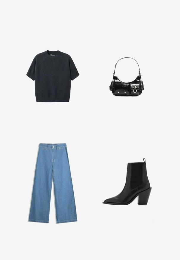 Ciemnoszara, krótkoskrzydła dzianinowa bluzka z okrągłym dekoltem, w luźnym fasonie i raglanowymi rękawami, wykonana z miękkiej, teksturowanej tkaniny.; Jasnoniebieskie dżinsy w szerokim kroju, wykonane z denimu, z zapięciem na guzik, paskami do paska i subtelnymi detalami w szwie.; Czarne skórzane botki sięgające kostki z ostrym noskiem, elastycznymi bocznymi panelami i masywnym geometrycznym obcasem. Gładka tekstura z eleganckim designem.; Czarna torebka z lakierowanej skóry o zaokrąglonym kształcie, z jednym paskiem na ramię, przednimi kieszeniami i akcentami w kolorze srebrnym.