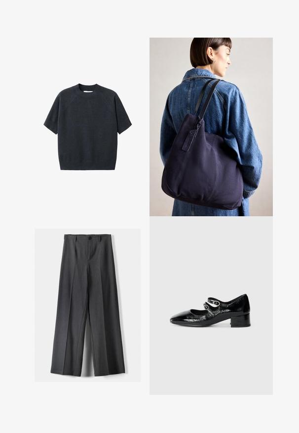 Tmavě šedý krátký rukáv pletený svetr s kruhovým výstřihem, s volným střihem a raglánovými rukávy, vyrobený z měkké texturované látky.; Kalhoty s širokými nohavicemi vyrobené z tmavě šedé látky, s knoflíkovým zapínáním, předními sklady a poutky na pásek. Hladká textura s přizpůsobeným střihem.; Černé lakované mary jane boty s špičatou špičkou, dvěma nastavitelnými pásky se zaoblenými kovovými přezkami a nízkým blokovým podpatkem.; Námornícká plátenná taška přes rameno s měkkým, strukturovaným tvarem, vybavená černým popruhem, prošívanými detaily a malou značkovou visačkou.