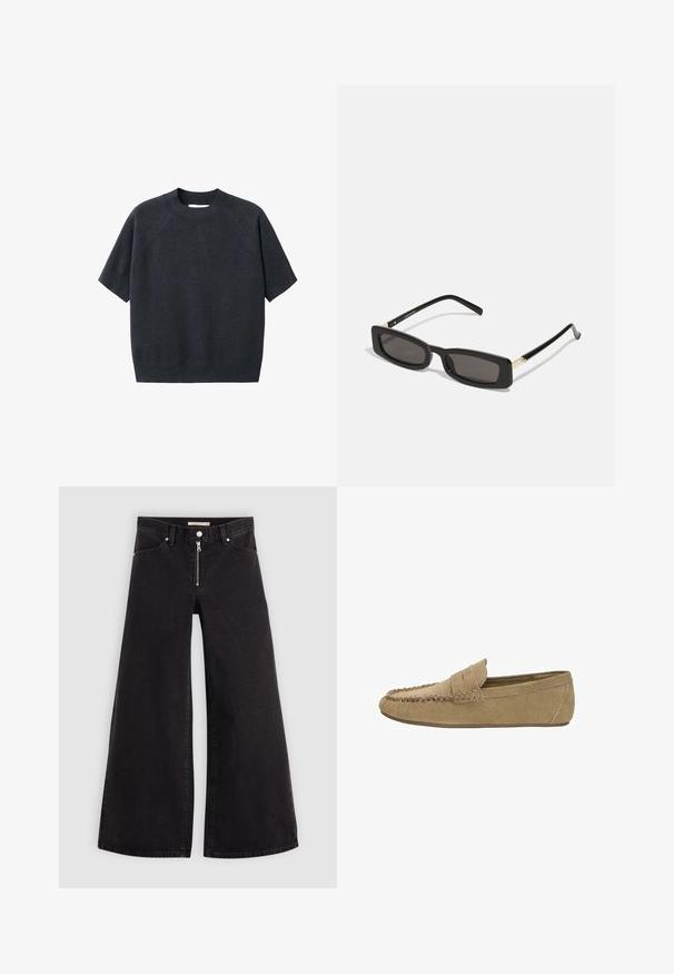 Donkergrijze korte mouwen gebreide trui met een ronde hals, met een losse pasvorm en raglanmouwen, gemaakt van een zachte, gestructureerde stof.; Wijdvallende jeans van zwarte denim met een ritssluiting aan de voorkant, vijf zakken en subtiele stikdetails. Soepele textuur en casual stijl.; Lichtbruine suède herenloafer met gestikt moc-toe en pennystrap, vlakke rubberen zool, zijaanzicht op een witte achtergrond.; Zwarte rechthoekige zonnebril met donkere lenzen, glanzende plastic monturen en gouden accenten op de slapen. Minimalistisch ontwerp en elegante vorm.; Zwarte leren tote bag met een zachte, slappe vormgeving, brede hengsels en een gladde textuur. Geen zichtbare hardware of versieringen.