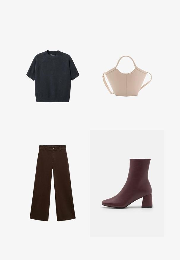 Tummanharmaa lyhythihainen neulepusero, jossa on pyöreä kaula-aukko, löysä istuvuus ja raglan-hihat, valmistettu pehmeästä, teksturoidusta kankaasta.; Ruskeat leveät housut puuvillasekoituksesta, joissa on revitty helma, etunappikiinnitys ja perinteinen viisi-taskuinen muotoilu. Minimalistiset ja monikäyttöiset.; ONLY SHOES ONLBRIELLE - Nilkkurit - dark red; Vaaleanbeige nahkainen käsilaukku, jossa on ainutlaatuinen muoto, varustettuna kahdella lyhyellä kahvalla ja yhdellä pitkällä säädettävällä hihnalla. Sujuva pinta ja vähän metalliosia.