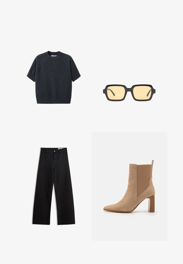 Pulover scurt, gri închis, cu mânecă scurtă și decolteu rotund, cu o croială lejeră și mâneci tip raglan, fabricat dintr-un material moale și texturat.; Pantaloni din denim negri cu picioare largi, cu talie înaltă, având buzunare frontale și posterioare, cusături dublate și închidere cu nasture. Textură netedă.; Botine bej din suede, cu panouri laterale elastice, vârful ascuțit și toc bloc rayat. Include o bandă pentru a fi ușor de încălțat pe la spate.; Ochelari de soare dreptunghiulari negri cu lentile galbene, cadru ușor și margini distinctive drepte pe tâmple. Finisaj neted și lucios.
