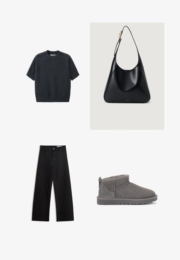 Dark gray short-sleeve knit sweater with a crew neck, featuring a loose fit and raglan sleeves, made from a soft, textured fabric.; Black wide-leg denim pants with a high waist, featuring front and back pockets, stitched seams, and a button closure. Smooth texture.; Gray suede ankle boots with a soft inner lining, minimal stitching, and a molded rubber sole. Features a pull tab at the back.; Black leather shoulder bag with a smooth texture, curved silhouette, and a gold hardware accent. Features embossed brand logo at the base.