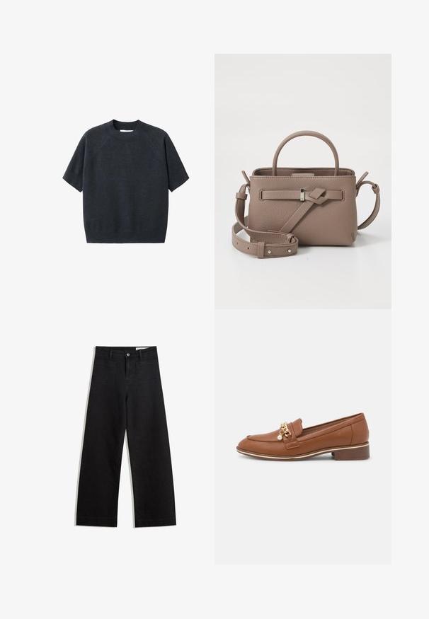 Dark gray short-sleeve knit sweater with a crew neck, featuring a loose fit and raglan sleeves, made from a soft, textured fabric.; Black wide-leg denim pants with a high waist, featuring front and back pockets, stitched seams, and a button closure. Smooth texture.; Brown leather loafer with a gold chain accent and pearl detail. Features a rounded toe and a low block heel. Smooth texture and sleek design.; Taupe textured leather handbag with top handle, adjustable shoulder strap, and decorative knot detail on a clean white background.