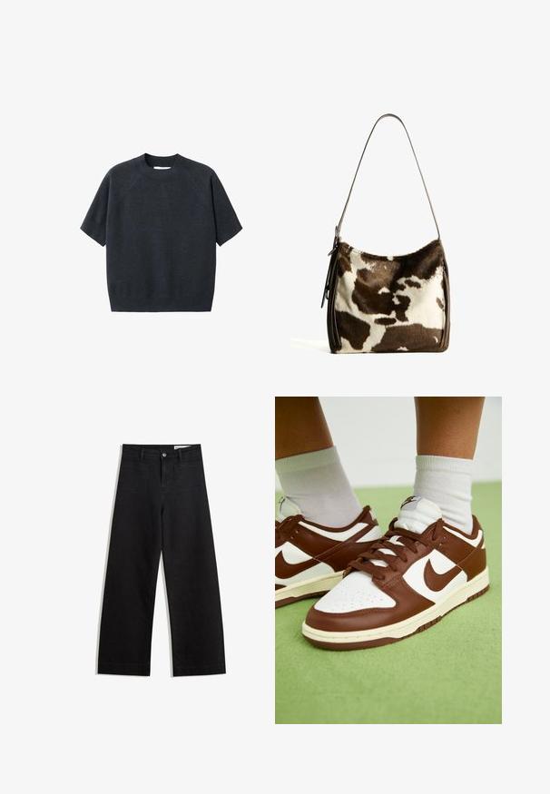 Temno siva kratka pletena majica s kratkimi rokavi in krožnim izrezom, z ohlapnim fitom in raglan rokavi, izdelana iz mehkega, teksturiranega blaga.; Črne široke denim hlače z visokim pasom, ki imajo sprednje in zadnje žepe, šivane šive ter gumbasto zapiranje. Gladka tekstura.; Rjave in bele usnjene sneakerske čevlje s perforiranim prstnim delom, teksturiranimi poudarki in ravnimi vezalkami. Model ima nizek oblikovan dizajn in gumijast podplat.; Rjav in krem torba iz kravjega usnja s gladkim usnjenim trakom, z zadrgo in mehko, strukturo površino, ki prikazuje naravni vzorec.