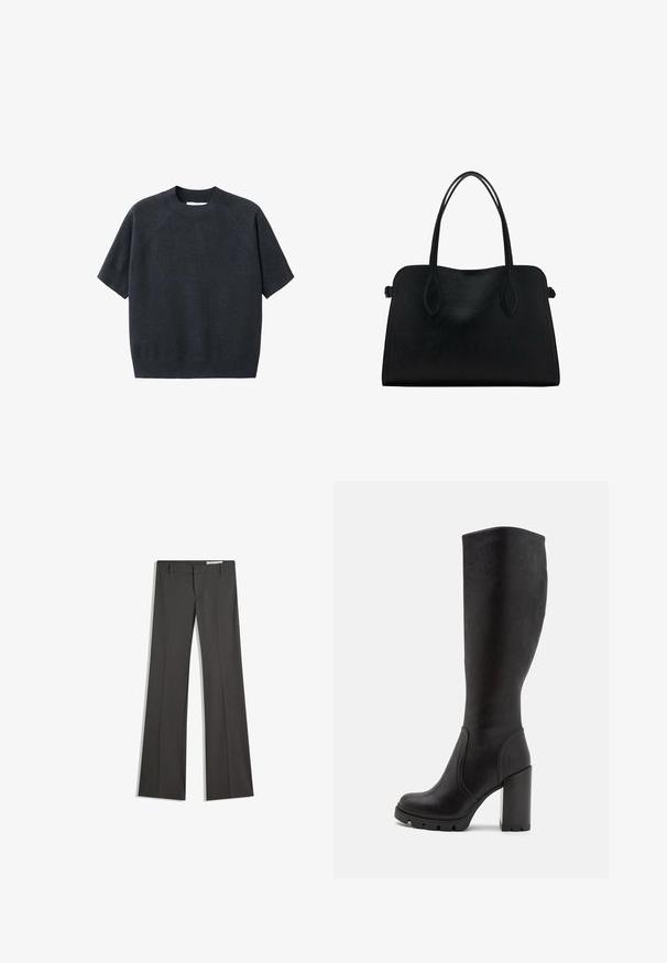 Temno siva kratka pletena majica s kratkimi rokavi in krožnim izrezom, z ohlapnim fitom in raglan rokavi, izdelana iz mehkega, teksturiranega blaga.; Sive flared hlače iz gladkega materiala, z ravnim sprednjim delom, zankami za pas in krojem z čistimi linijami.; Črne škornje do kolen, izdelane iz gladkega materiala, z masivnim blokovim petam, zaobljenim nosom in diskretnimi šivi.; Črna usnjena torbica z dvema naramnima trakoma, pravokotne oblike in minimalističnim dizajnom na beli podlagi.