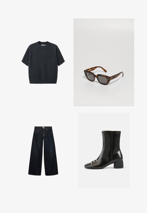 Pulover scurt, gri închis, cu mânecă scurtă și decolteu rotund, cu o croială lejeră și mâneci tip raglan, fabricat dintr-un material moale și texturat.; Jeans din denim închis, cu picioare largi și talie înaltă, având cusături contrastante, buzunare frontale și un design minimalist.; Cizmă de gleznă din piele neagră, cu vârful rotund, fermoar lateral și detaliu din cataramă argintie. Dispune de un toc masiv și cusături contrastante.; Ochelari de soare din material țestoasă, cu rame unghiulare și lentile gri. Prezintă un finisaj lucios și un branding subtil pe brațele ochelarilor.; Geantă de mână din piele texturată neagră, cu două mânere, un pouch mic atașat și închidere cu fermoar, expusă pe un fundal alb.