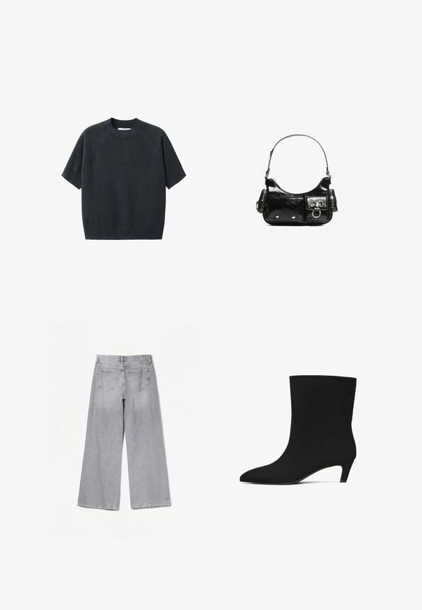 Tamno siva kratkodlaka pletena majica s kratkim rukavima i okruglim izrezom, koja ima opušteni kroj i raglan rukave, izrađena od mekog, teksturiranog materijala.; Bershka WIDE-LEG - Široke nogavice - grey; Crna čizma do članka s glatkom, sjajnom teksturom, šiljastim nosom i niskim kitten potpeticama. Bešavna izrada bez vidljivih metalnih dijelova ili uzoraka.; Crna patentna kožna torba s zakrivljenim oblikom, jednim remenom za rame, prednjim džepovima i akcentima od srebrnog tona.