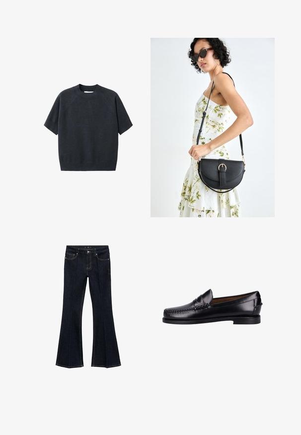 Tummanharmaa lyhythihainen neulepusero, jossa on pyöreä kaula-aukko, löysä istuvuus ja raglan-hihat, valmistettu pehmeästä, teksturoidusta kankaasta.; Tummansinisiä farkkuhousuja, joissa on korkea vyötärö, etutaskut ja leveät lahkeet, esiteltynä litteänä valkoista taustaa vasten.; Musta nahkainen loafersi, jossa on sileä pinta, pyöreä kärki, koristeellinen ommel ja matala korko. Suunnittelu on minimalistinen ilman näkyvää metalliosaa.; Musta nahkainen käsilaukku, joka on kaareva muotoilultaan, irrotettavalla hihnalla ja kultaisilla yksityiskohdilla. Laukussa on läppä, jossa on solk yksityiskohta.