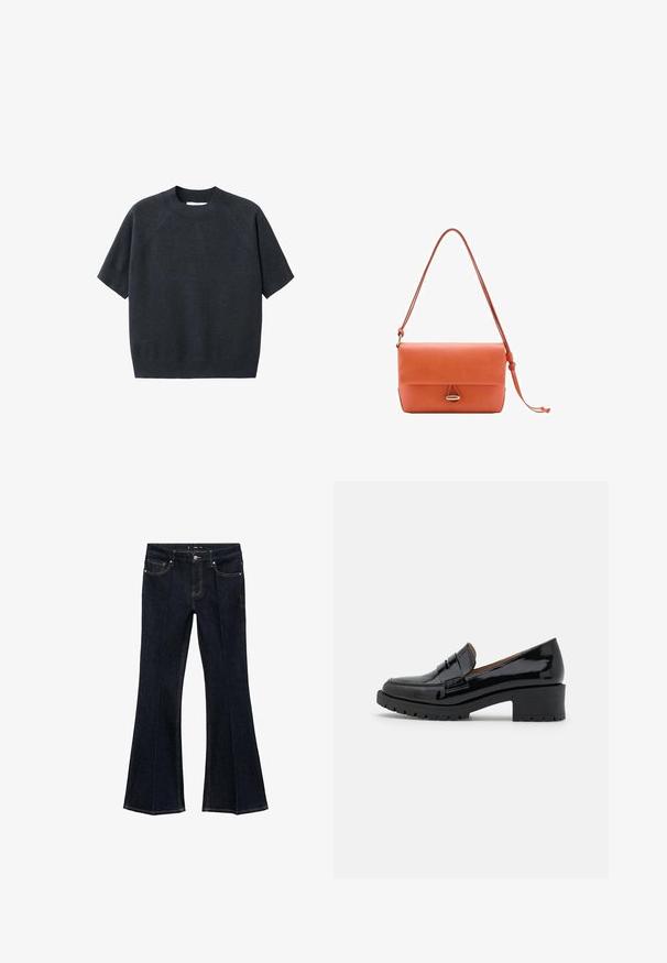 Dark gray short-sleeve knit sweater with a crew neck, featuring a loose fit and raglan sleeves, made from a soft, textured fabric.; Dark blue denim jeans with high waist, front pockets, and flared wide legs, displayed flat on a white background.; Black patent leather loafers with a low chunky heel, featuring a front strap detail and textured rubber sole for grip.; Coral leather handbag with a flap closure, adjustable shoulder strap, and a silver-tone hardware accent at the center. Smooth texture.