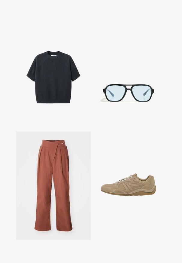 Tamno siva kratkodlaka pletena majica s kratkim rukavima i okruglim izrezom, koja ima opušteni kroj i raglan rukave, izrađena od mekog, teksturiranog materijala.; Smeđe, široke hlače od laganog materijala. Imaju prekriženi pojas i dugme za zatvaranje.; Bežanke od suède s niskim profilom, teksturiranom površinom i bijelim vezicama. Ima zakrivljen dizajn i gumeni đon za bolje prianjanje.; Crne sunčane naočale s pravokutnim okvirima, plavim staklima i posebnim dizajnom nosača. Elegantna površina, suptilna tekstura.; Taupe teksturirana kožna torba s gornjom ručkom, podesivom naramenicom i dekorativnom čvorastom detaljem na čistoj bijeloj pozadini.
